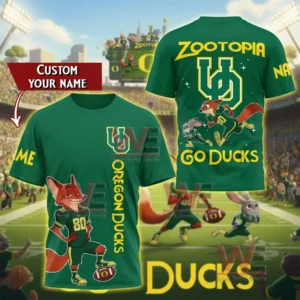 Oregon Ducks shirt shown in a stadium themed scene with front and back views visible!