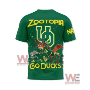 Back view of a green Oregon Ducks shirt with animated running characters and Go Ducks text!