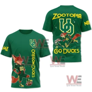 Front and back view of a green Oregon Ducks shirt with cartoon football characters and team branding!