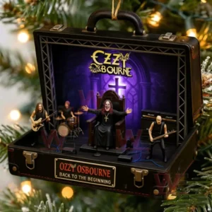 Christmas tree ornament shaped like an open suitcase showing a rock band performance with a singer on a throne guitars drums and a glowing cross backdrop!