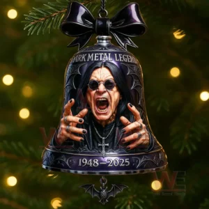 Dark metal legend bell ornament with dramatic gothic design hanging on a decorated tree!