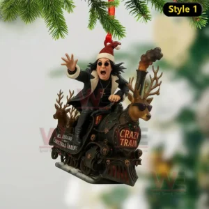 Christmas tree ornament of a dark themed character riding a reindeer train with dramatic expression!
