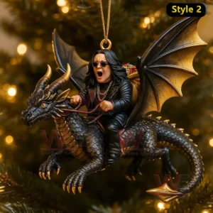 Ozzy Osbourne Dragon and Crazy Train Christmas Ornaments 3 Holiday ornament of a dark character riding a dragon hanging on a Christmas tree!
