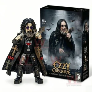 Rock themed building block figure holding a microphone and bat wing prop shown next to a collector box with gothic bats fog artwork and adult collectible piece count on a white background!