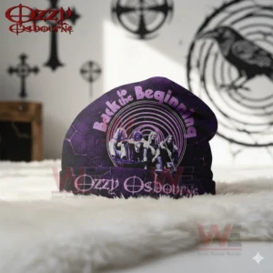 Purple Ozzy Osbourne beanie with retro band graphic and circular design on a white surface.