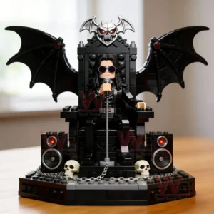 Brick rock singer figure on a gothic throne with wings speakers skull decorations and a microphone displayed on a table!