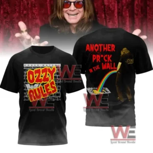 Black shirt with Ozzy Rules graphic on the front and a back design showing a figure with a rainbow stream directed at a cracked wall.