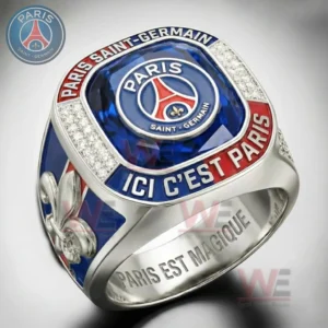 Silver Paris Saint Germain ring with blue red accents gemstones and engraved design displayed on a light background!
