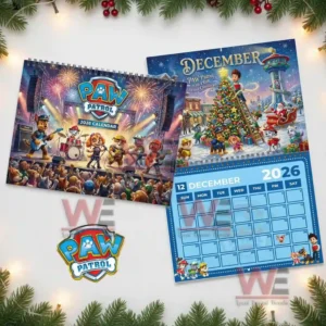 Paw Patrol 2026 wall calendar with cartoon puppies on a concert stage surrounded by festive decorations!