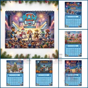 Multiple Paw Patrol calendar month pages arranged together with bright seasonal cartoon scenes!