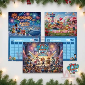 January and February Paw Patrol calendar pages with winter fireworks and Valentine themes!