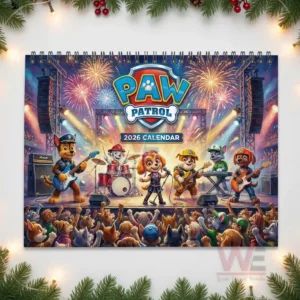 Paw Patrol 2026 calendar cover with cartoon puppies performing music on a concert stage!