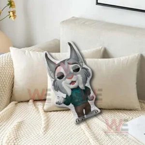 Cartoon lynx shaped pillow displayed on a white bed in a bedroom!