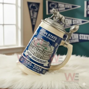 Penn State Beaver Stadium 140th Anniversary Collectible Beer Stein 3 Penn State Beaver Stadium beer stein lying on a soft surface with blue school banners behind it!
