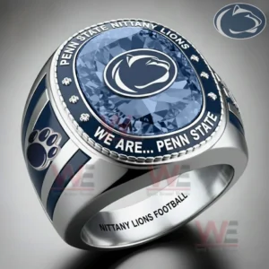 Blue and silver Penn State Nittany Lions football championship ring with a large blue gemstone look center and classic college team inspired design!
