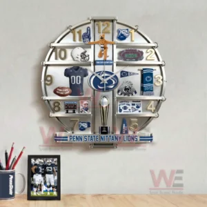 Penn State Nittany Lions Home Decorative 3D Wall Clock 7 Penn State Nittany Lions wall clock shown in a living room setting emphasizing school spirit loyalty and visual impact!
