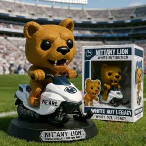 Lion mascot figure on a snowmobile displayed on a sports field with a stadium crowd in the background!