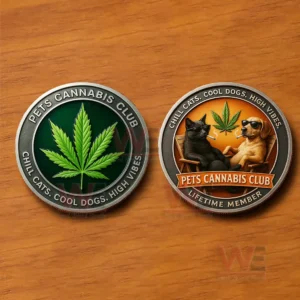 Two Pets Cannabis Club coins resting on a wooden background with leaf and pet themed graphics!