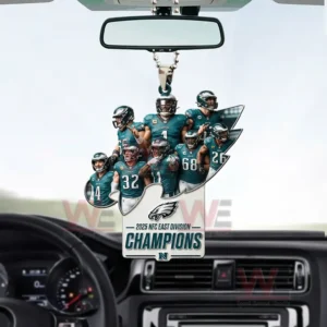 Philadelphia Eagles 2025 NFC East Division Champions Car Ornament 4 Eagles championship hanging ornament suspended from a rearview mirror in a car interior!