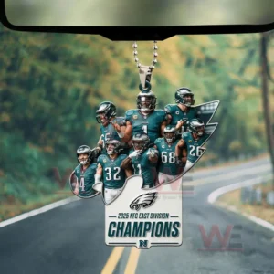 Philadelphia Eagles 2025 NFC East Division Champions Car Ornament 5 Philadelphia Eagles 2025 NFC East Division Champions hanging ornament in front of a winding road view!