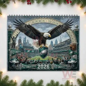 Philadelphia Eagles twenty twenty six calendar cover with a soaring eagle above a stadium and cheering fans!