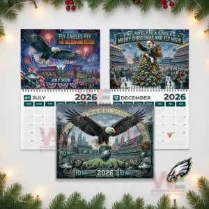 Philadelphia Eagles 2026 Wall Calendar 12 Philadelphia Eagles July and December twenty twenty six calendar pages shown along with the main cover featuring a soaring eagle!