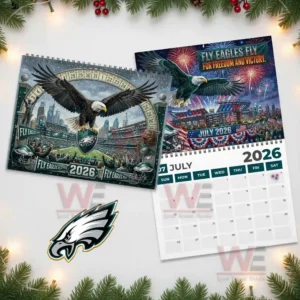 Philadelphia Eagles 2026 Wall Calendar 13 July twenty twenty six Philadelphia Eagles calendar page with an eagle flying above the stadium and fireworks in the sky!