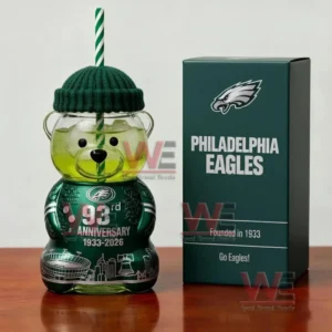 Bear shaped Philadelphia Eagles themed glass cup with hat and straw next to a green team box!
