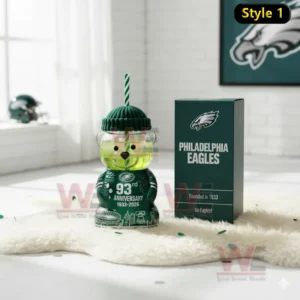 Philadelphia Eagles bear glass cup with straw hat and box on a white surface!