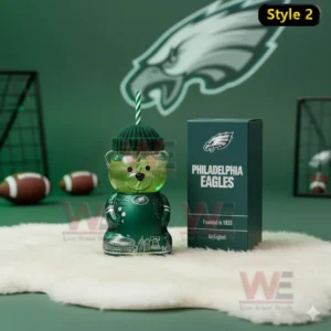 Bear shaped Philadelphia Eagles glass cup with team box and football themed background!