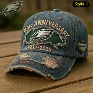 Blue denim Philadelphia Eagles anniversary cap with embroidered eagle logo and distressed fabric details!