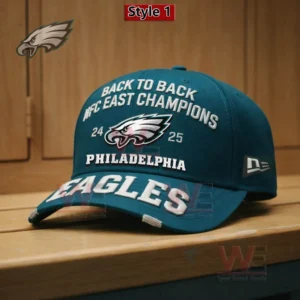 Green Philadelphia Eagles cap featuring championship embroidery resting on a wooden surface!