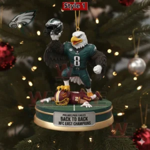 Philadelphia Eagles eagle ornament celebrating back to back NFC East champions with dramatic victory pose on holiday tree!