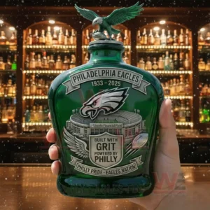 Football themed green commemorative bottle with eagle topper displayed on a bar counter background!
