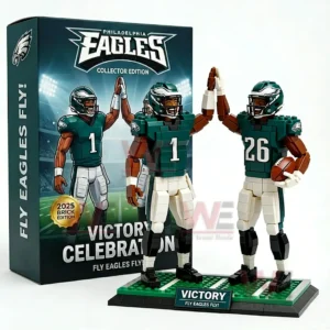 Building block football players in green uniforms celebrating victory on a display platform with themed packaging!