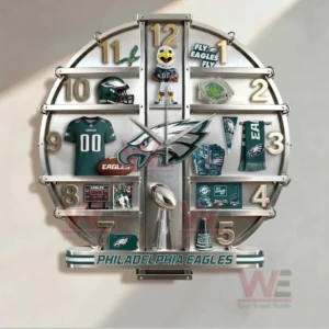 Decorative Philadelphia Eagles wall clock with a circular frame central team logo and arranged fan memorabilia including jersey helmet mascot football scarf gloves stadium and trophy on a light background!