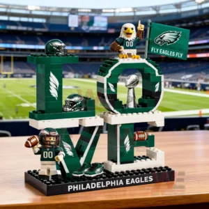 Philadelphia Eagles building block LOVE display with mascot figure flag football player trophy and team branding on a base.
