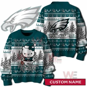 A green and white holiday sweater with a festive character winter tree artwork and team themed logos displayed on both sides!