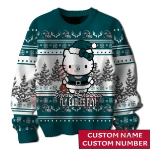 Front view of a festive team themed sweater with a central character winter trees and decorative motifs!