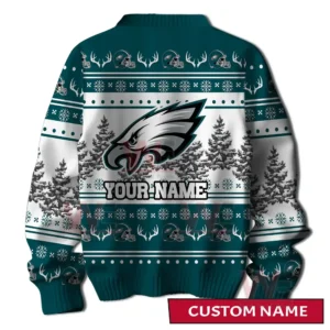Back view of a green and white holiday sweater with a large team logo customizable name space and winter themed decorations!
