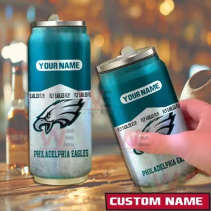 Customizable teal and silver Philadelphia Eagles can shaped tumbler shown in a bar scene.