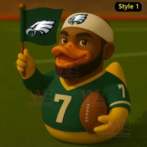 A rubber duck football player in a green number seven jersey holds a team flag on a field.