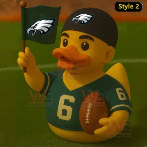 Philadelphia Eagles Player Rubber Duck 7 A rubber duck football player in a green number six jersey and black cap holds a team flag.
