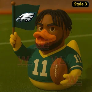 Philadelphia Eagles Player Rubber Duck 8 A rubber duck football player in a green number eleven jersey with curly hair holds a team flag.