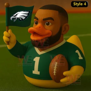 Philadelphia Eagles Player Rubber Duck 9 A rubber duck football player in a green number one jersey with a shaved hairstyle holds a team flag.