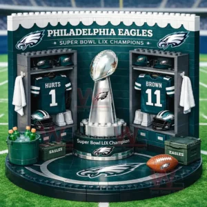 Brick built Philadelphia Eagles locker room scene with a large trophy two team jerseys and Super Bowl LIX champions signage on a football field background!