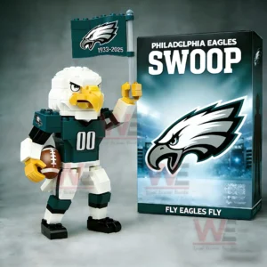 Block style eagle mascot figure in green uniform holding a football and flag standing next to a Philadelphia Eagles themed box!