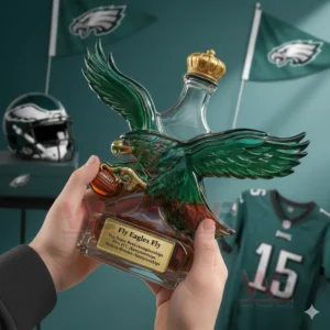 Philadelphia Eagles Wing 2-Time Super Bowl Champions Whiskey Bottle 4 Hands holding an eagle wing bottle with crown top in a sports themed room!