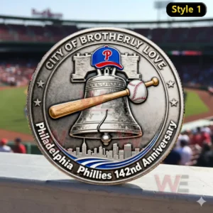 Silver Philadelphia Phillies one hundred forty two year anniversary coin with Liberty Bell cap baseball and bat design!