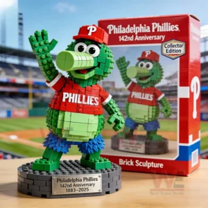 Philadelphia Phillies brick mascot figure with anniversary base plaque displayed next to the collector edition box.
